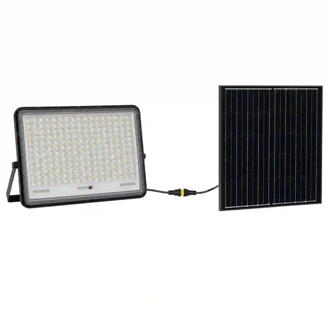 Černý solární LED reflektor V-TAC VT-240W 2600lm IP65 se samostatným solárním panelem pro venkovní osvětlení zahrad